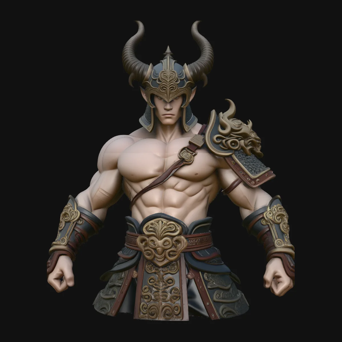 Bare-Chested Horned Warrior Statue Design 3