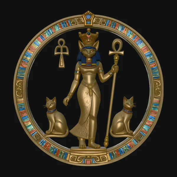 Bastet with Cats Relief Medallion Pendant Design 4