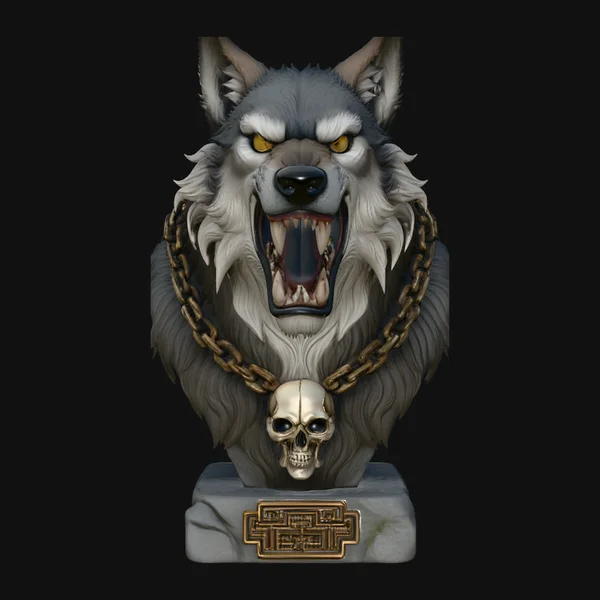 Chained Wolf Bust Statue Design 2