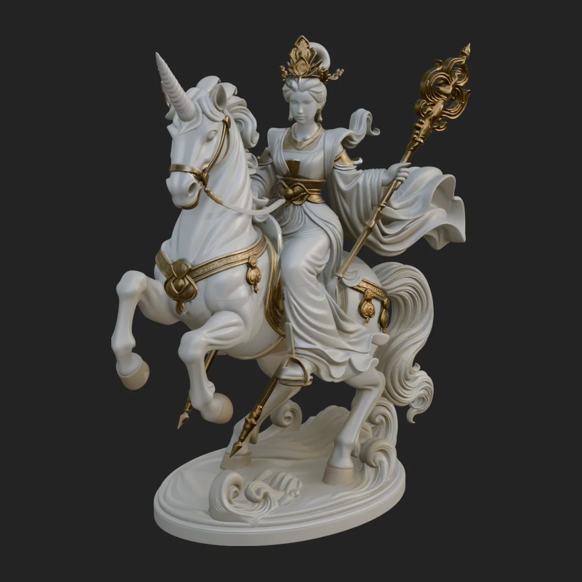 Crowned Goddess on Unicorn Statue Design 1