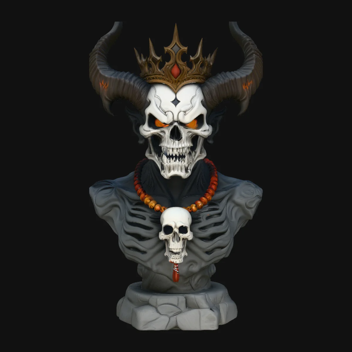 Crowned Horned Skull Bust Statue Design 1