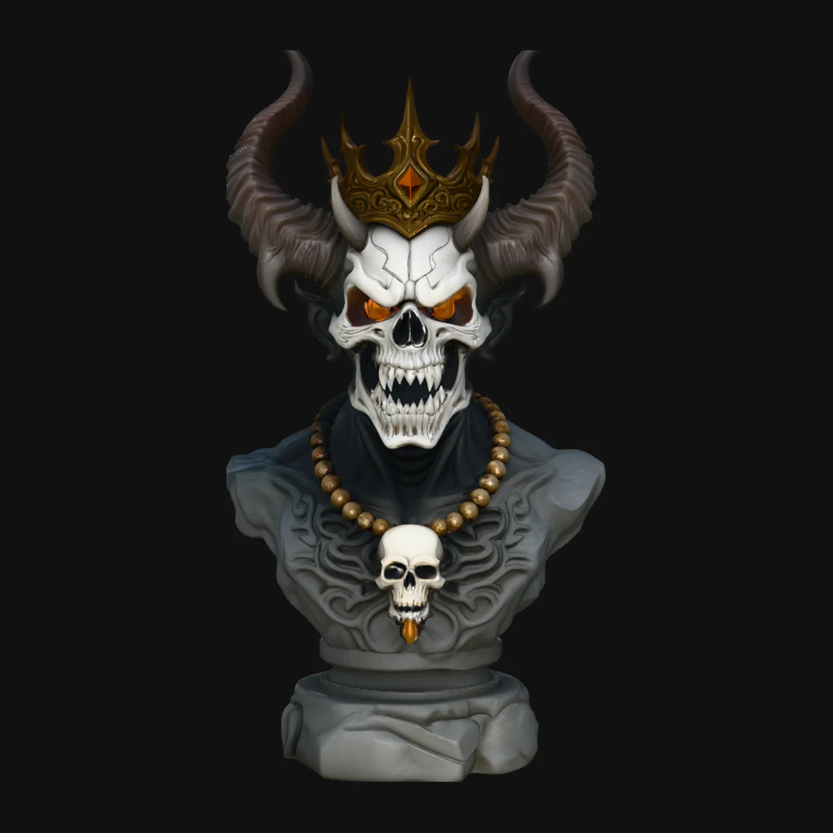 Crowned Horned Skull Bust Statue Design 2