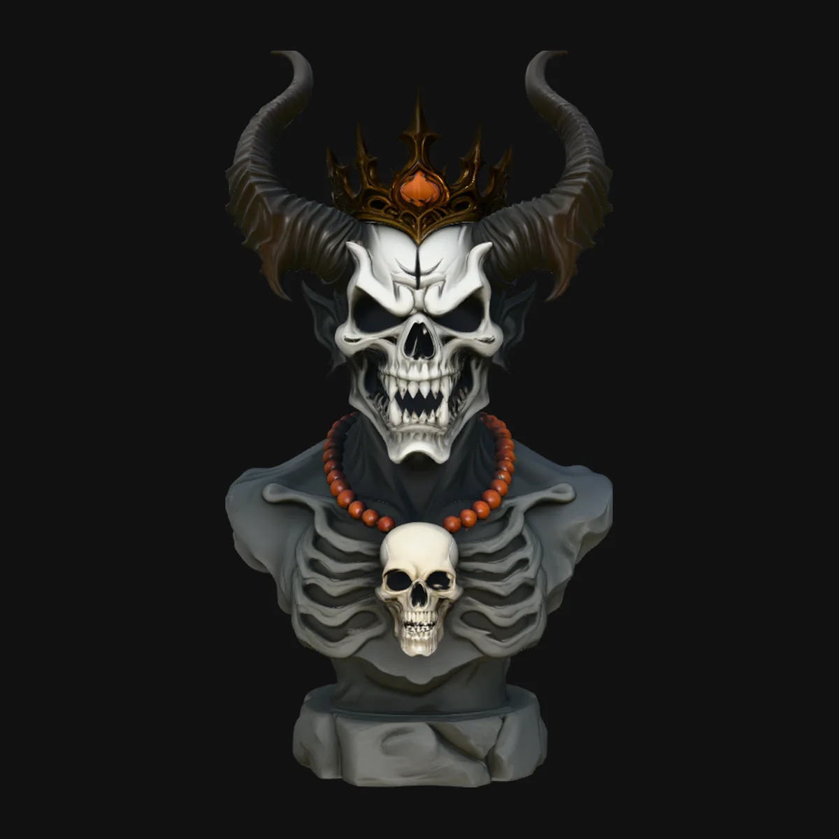 Crowned Horned Skull Bust Statue Design 3