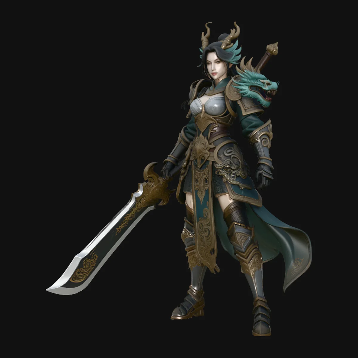 Dragon Armor Swordswoman Statue Design 4