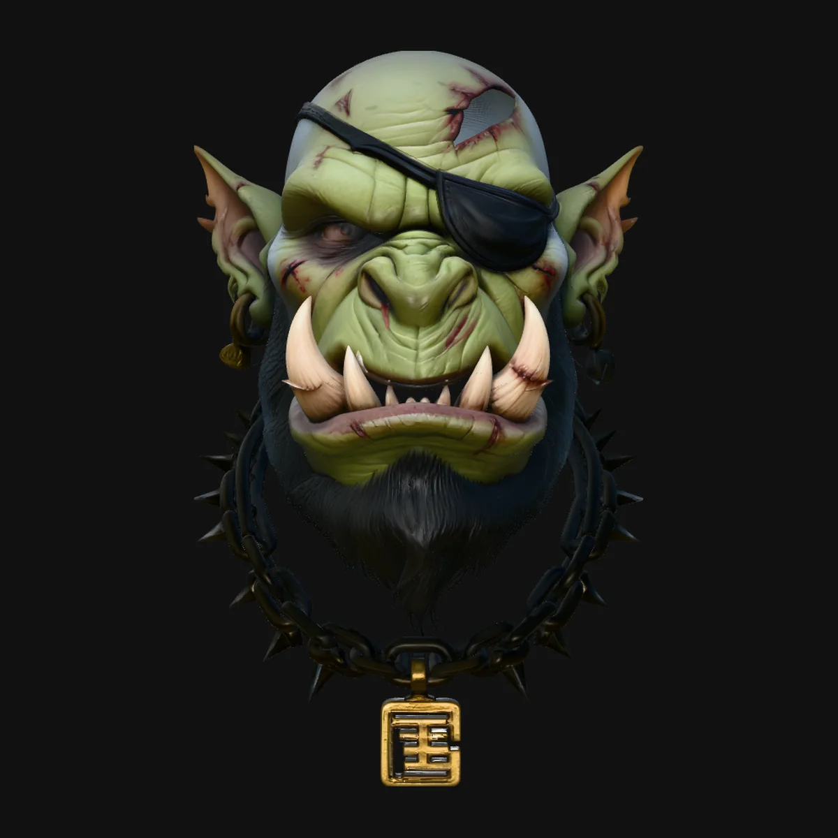 Eyepatch Orc Warlord Bust Statue Design 4