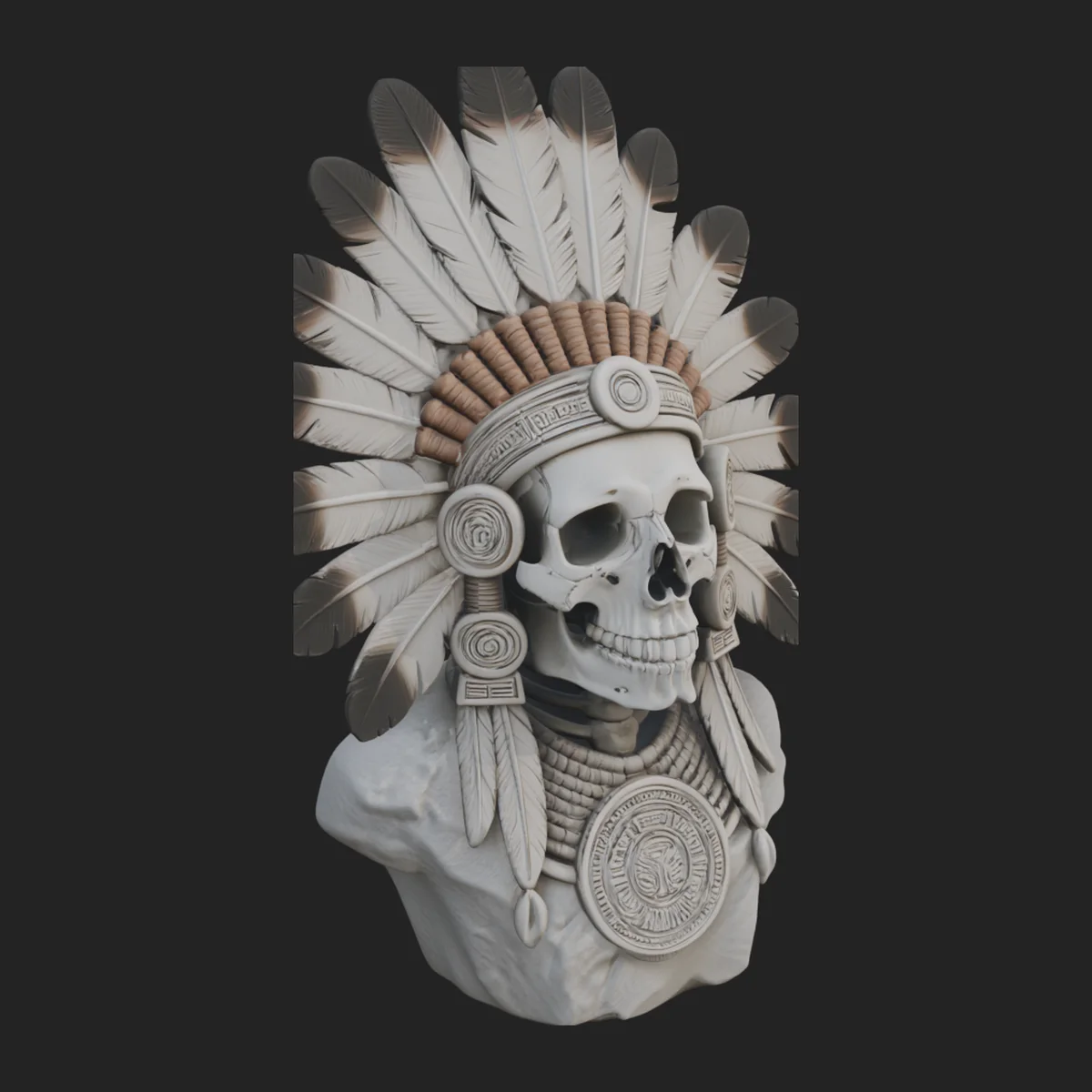 Feathered Headdress Skull Bust Statue Design 1