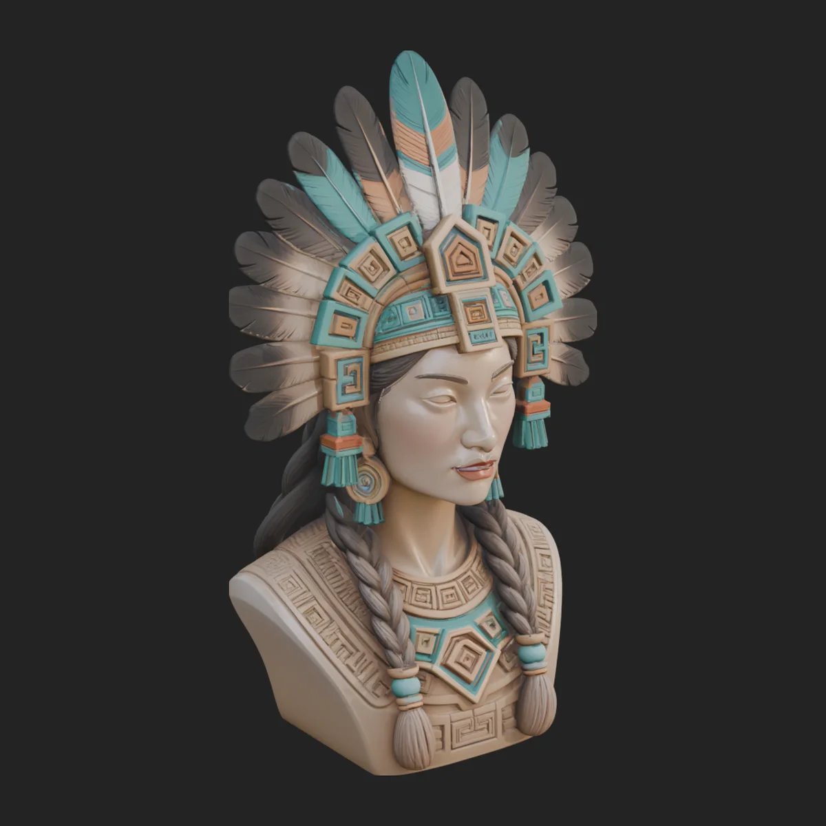 Feathered Headdress Woman Bust Statue Design 2