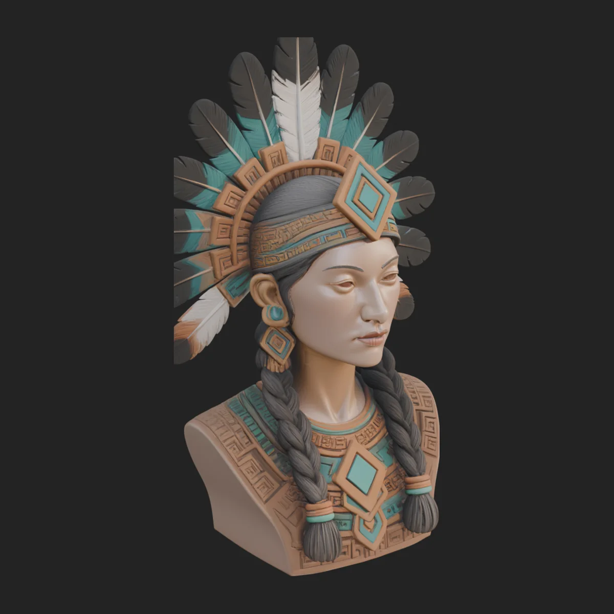 Feathered Headdress Woman Bust Statue Design 3