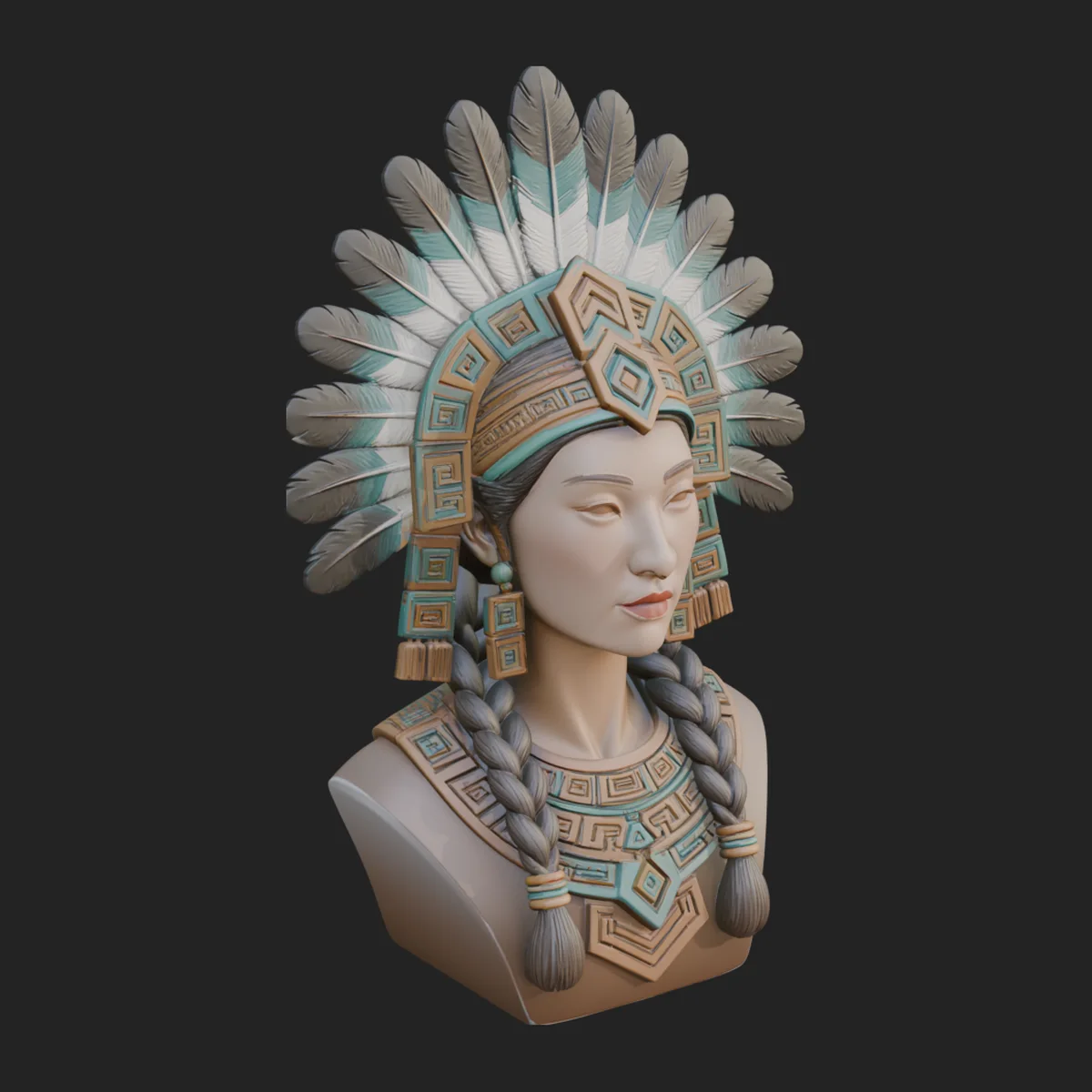 Feathered Headdress Woman Bust Statue Design 4