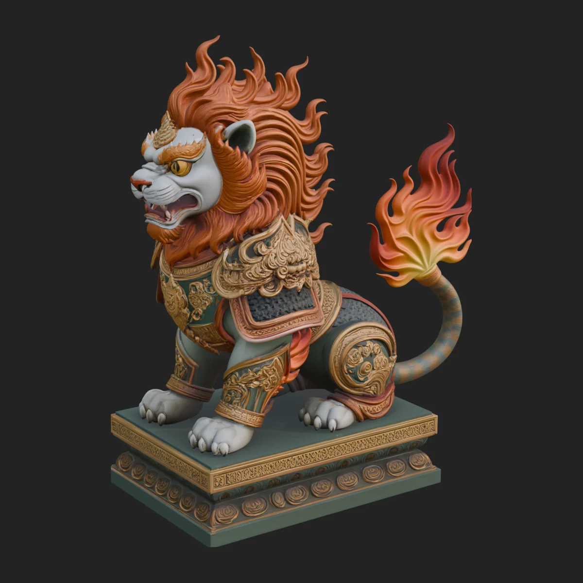 Flame Maned Guardian Lion Statue Design 4