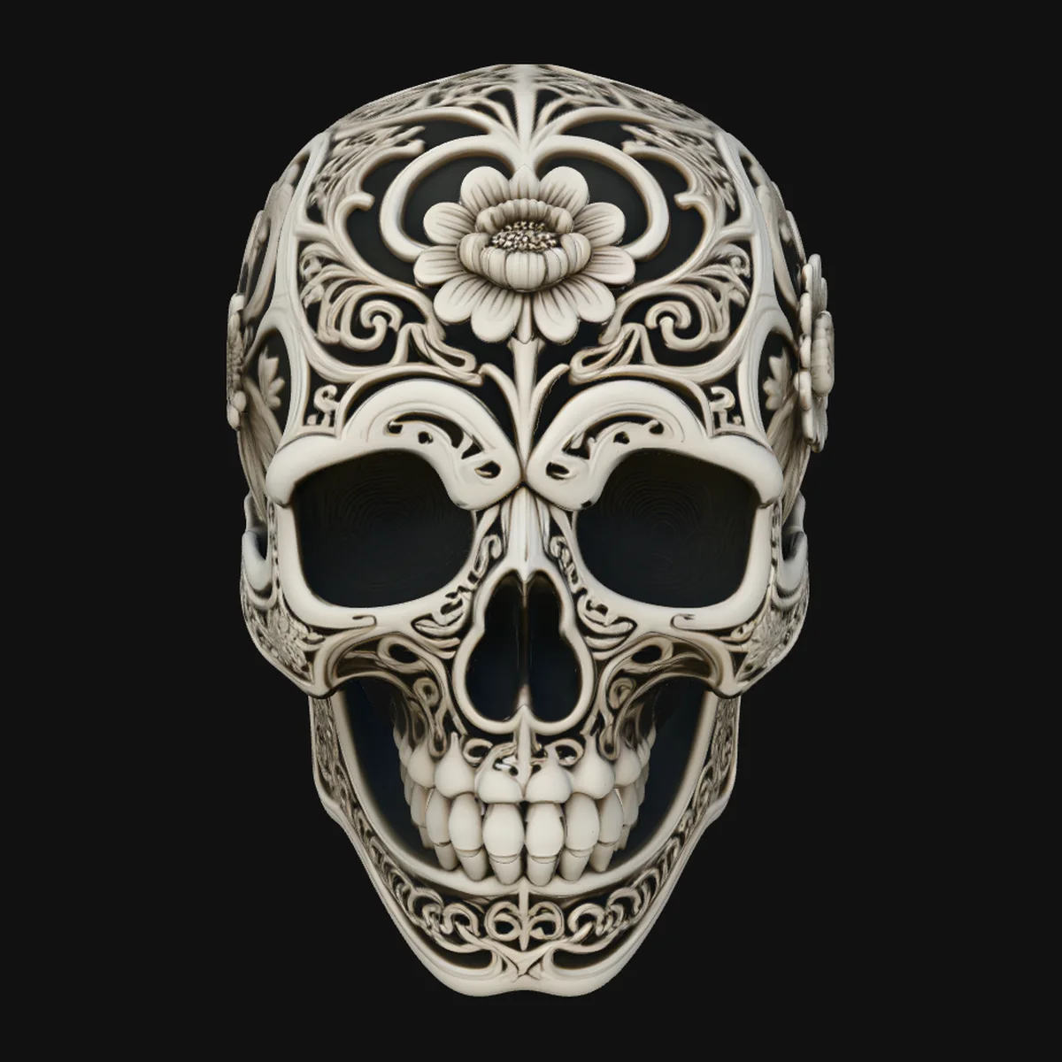 Floral Carved Skull Statue Design 1
