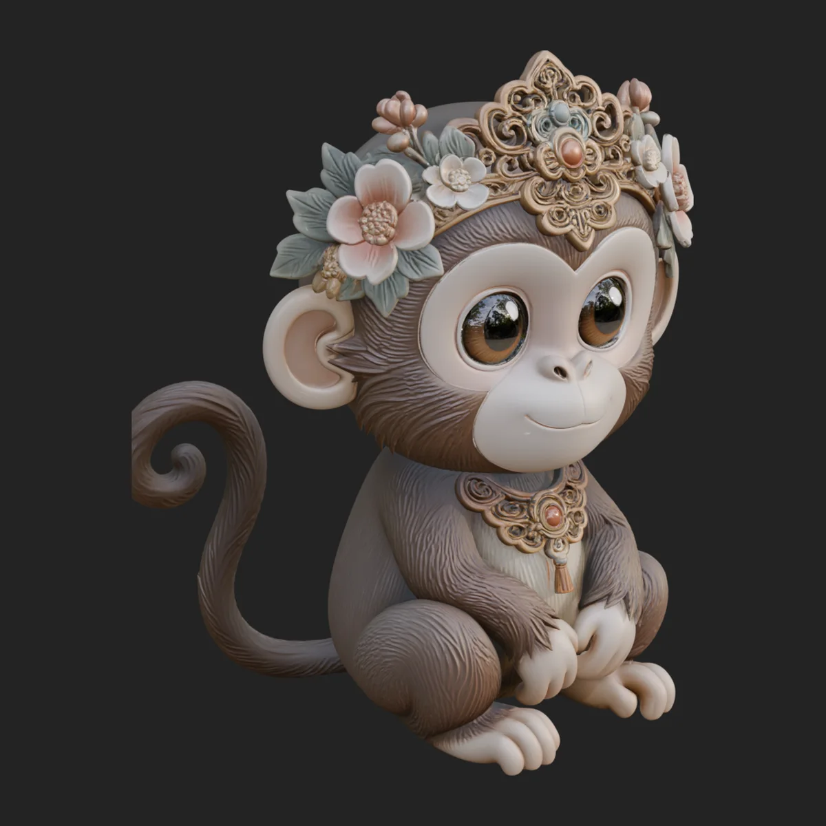 Floral Chibi Monkey Statue Design 2