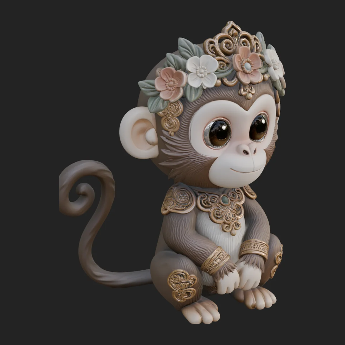 Floral Chibi Monkey Statue Design 3