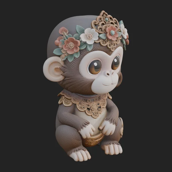 Floral Chibi Monkey Statue Design 4