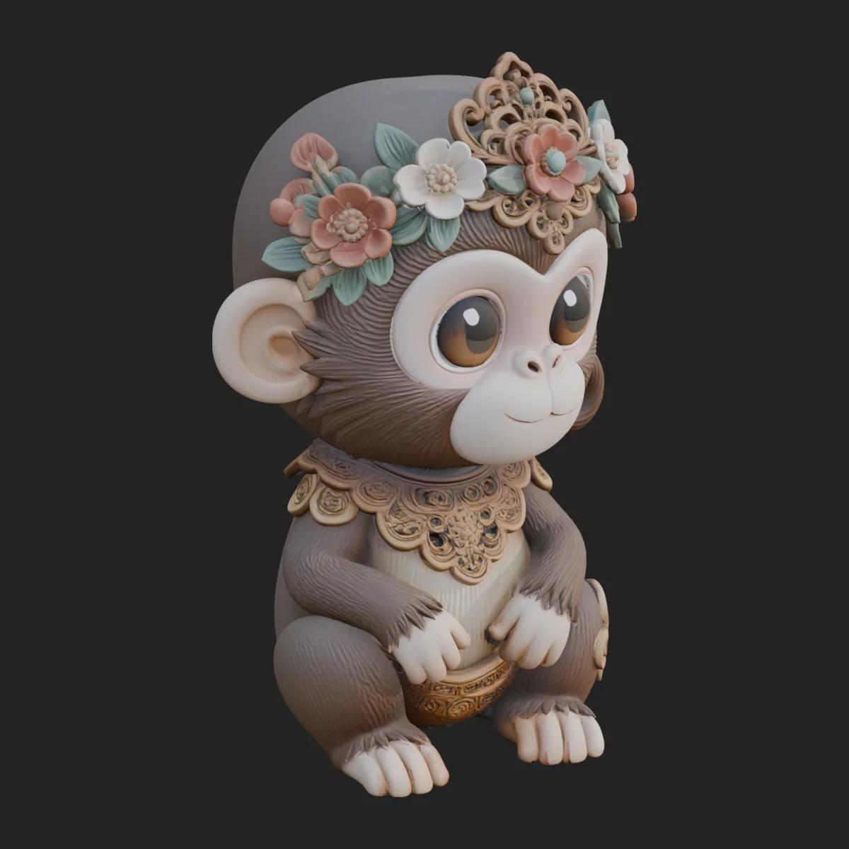 Floral Chibi Monkey Statue Design 4