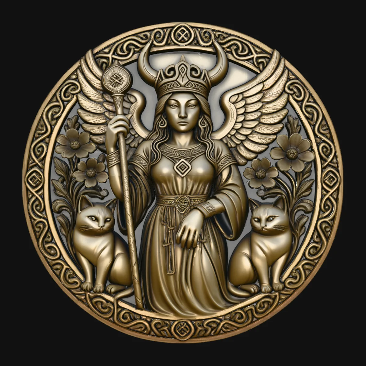 Freya with Cats Relief Medallion Pendant Design 2