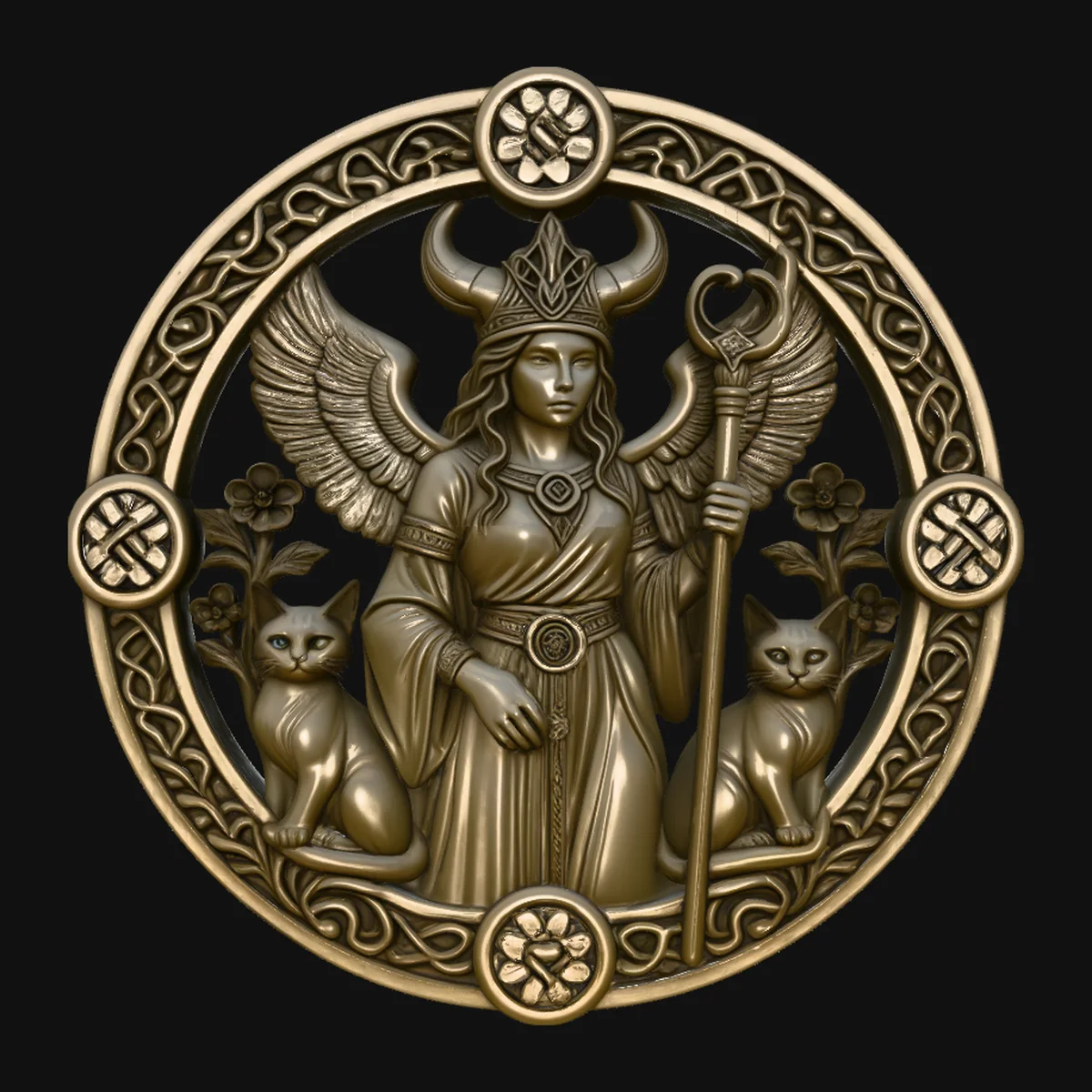 Freya with Cats Relief Medallion Pendant Design 4