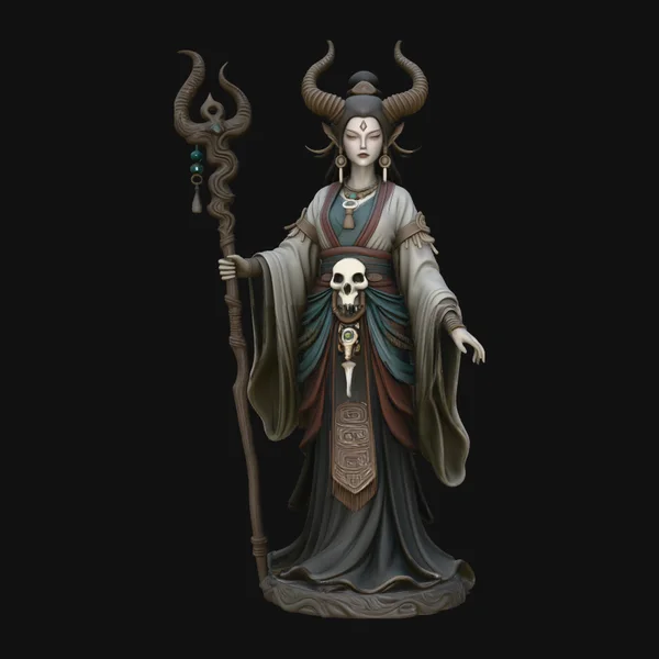 Horned Skull Staff Priestess Statue Design 1