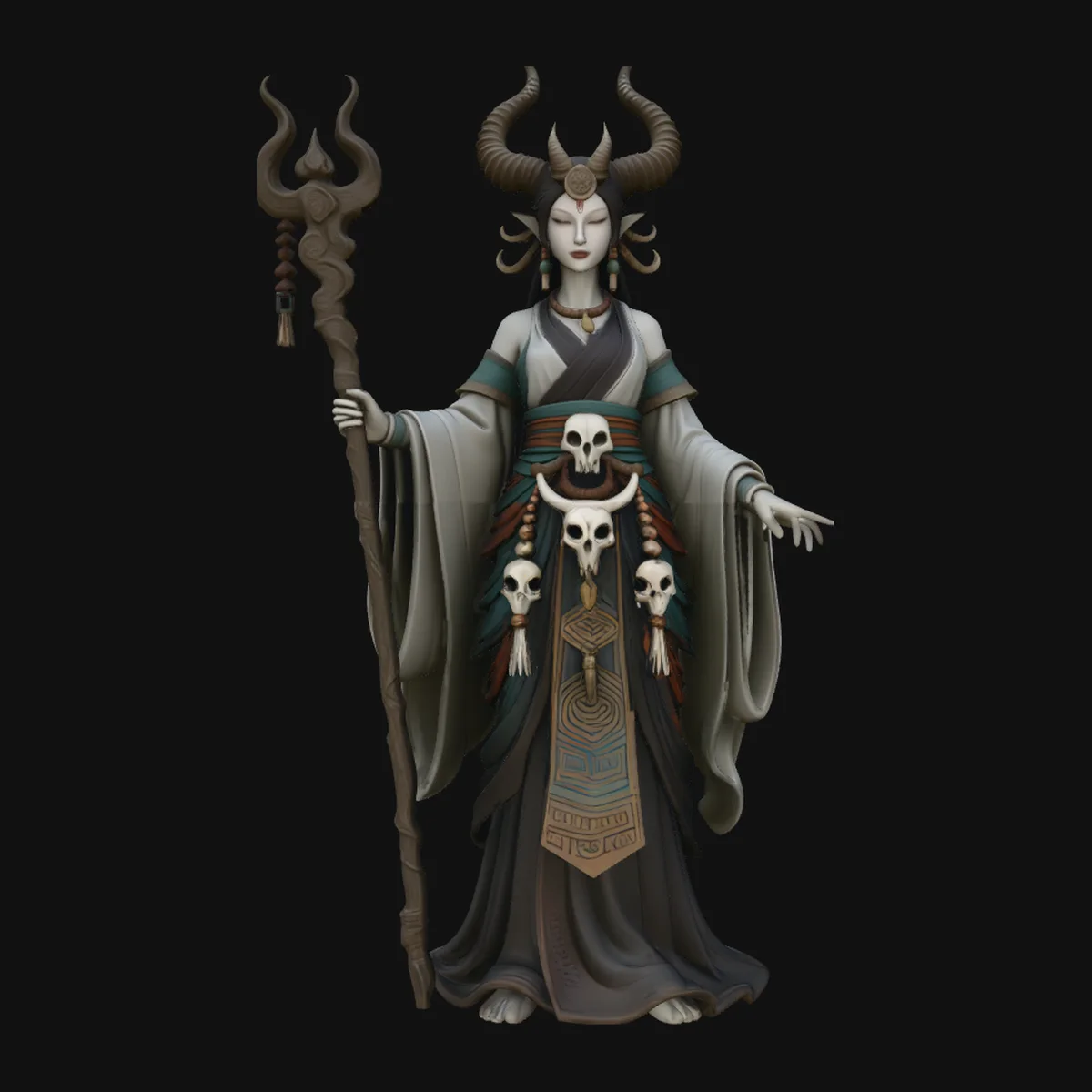 Horned Skull Staff Priestess Statue Design 2