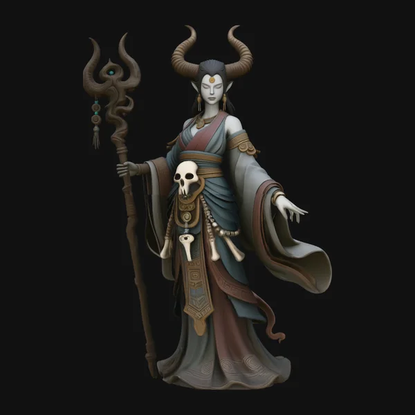 Horned Skull Staff Priestess Statue Design 3