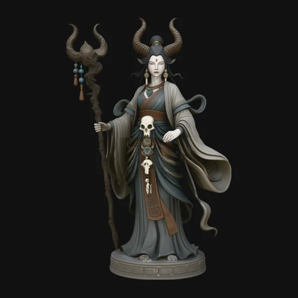Horned Skull Staff Priestess Statue Design 4