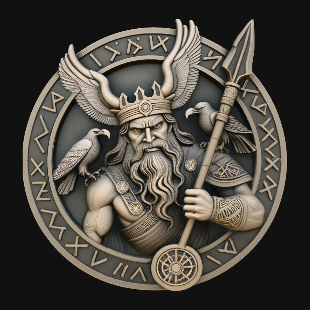 Odin and His Ravens Relief Medallion Pendant Design 4