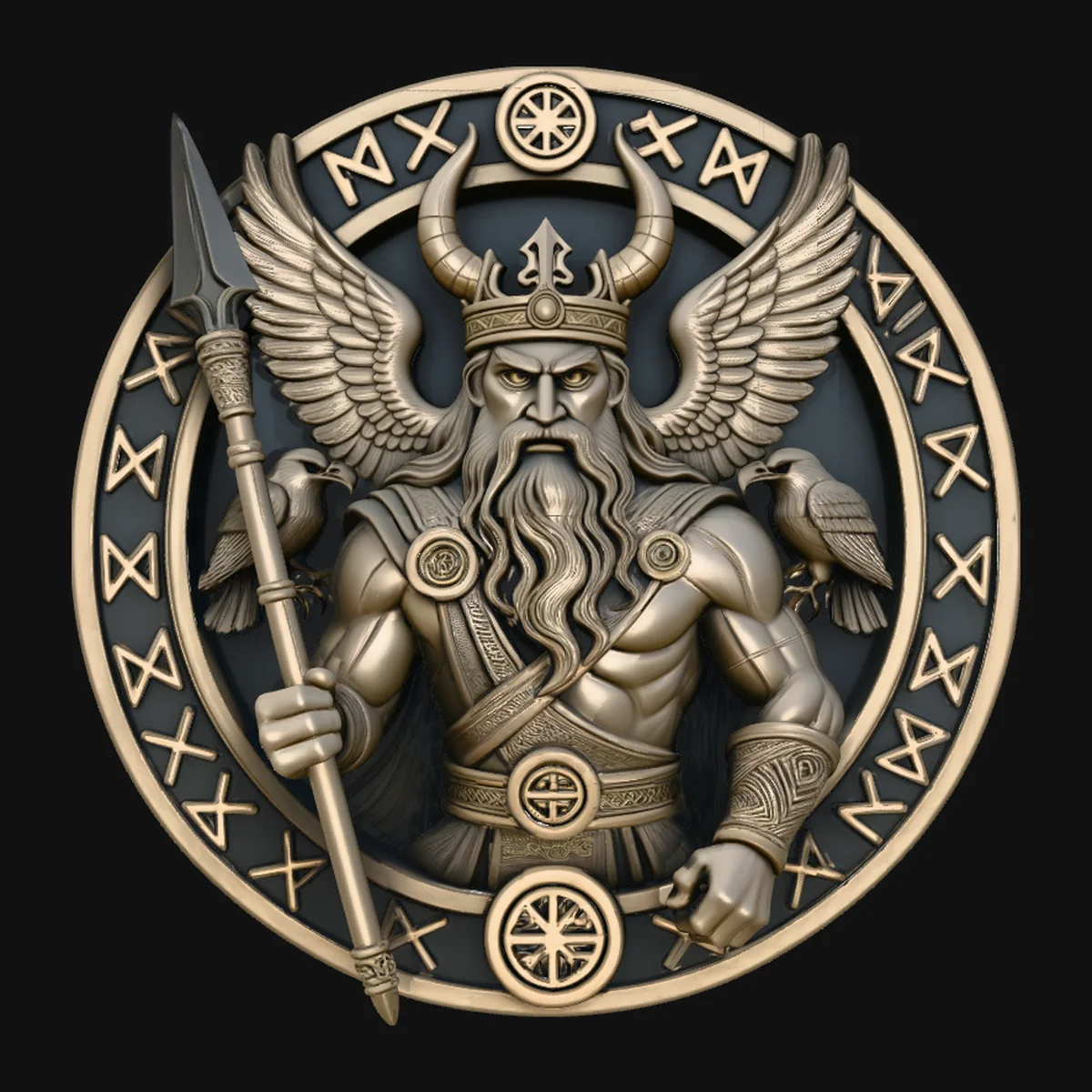 Odin and His Ravens Relief Medallion Pendant Design 6