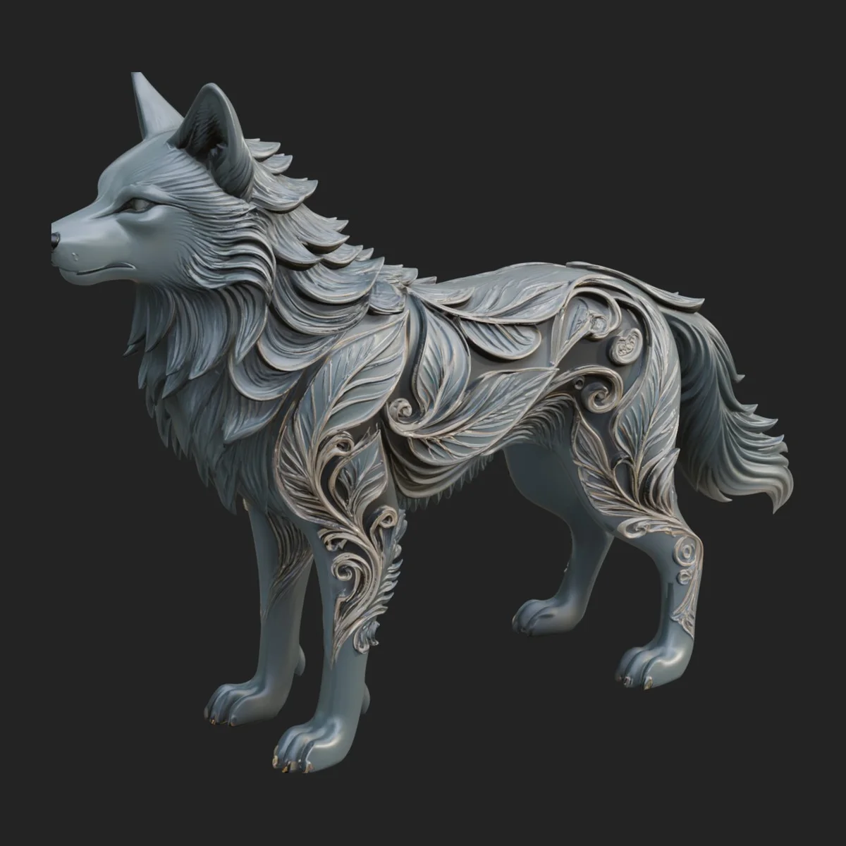 Ornate Carved Wolf Statue Design 3