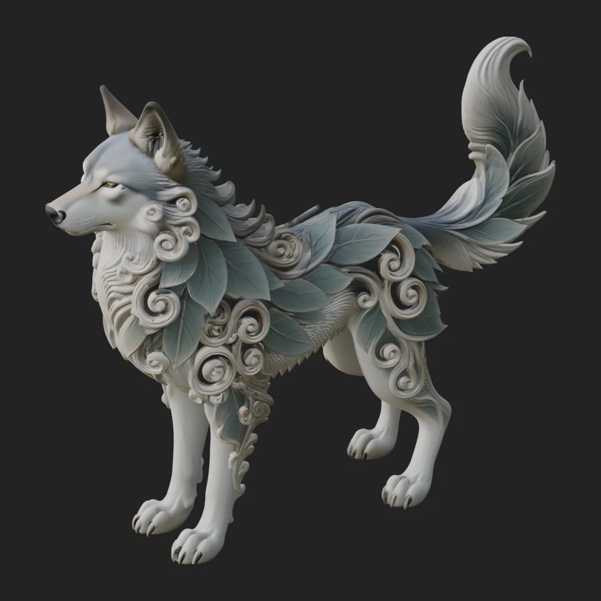 Ornate Carved Wolf Statue Design 7