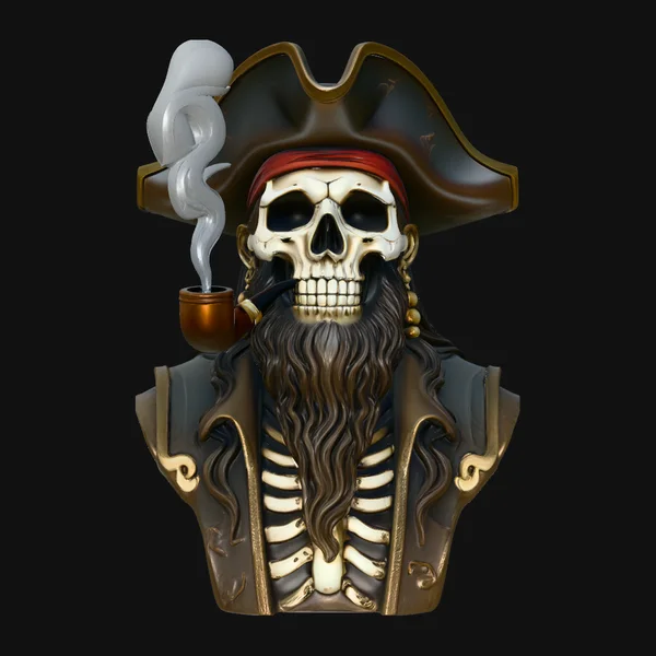Pipe Smoking Pirate Skull Bust Statue Design 1