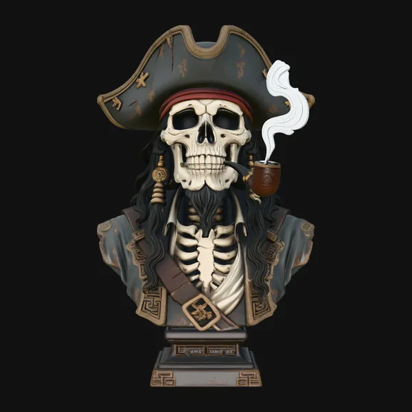Pipe Smoking Pirate Skull Bust Statue Design 2