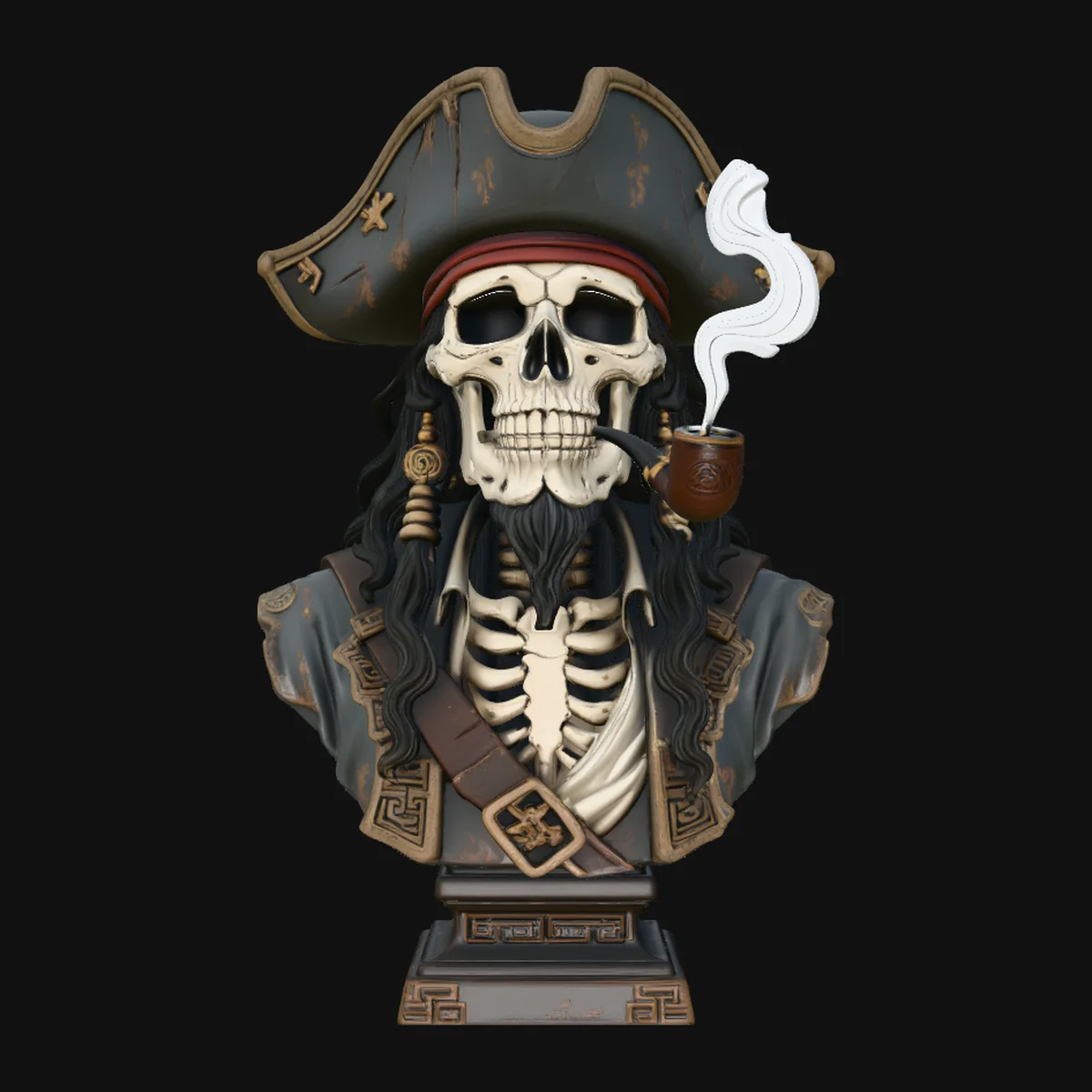 Pipe Smoking Pirate Skull Bust Statue Design 2