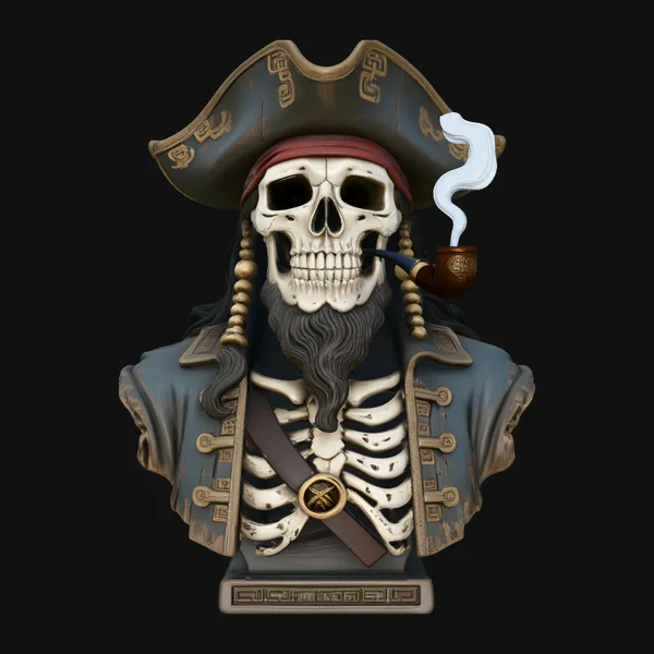 Pipe Smoking Pirate Skull Bust Statue Design 3