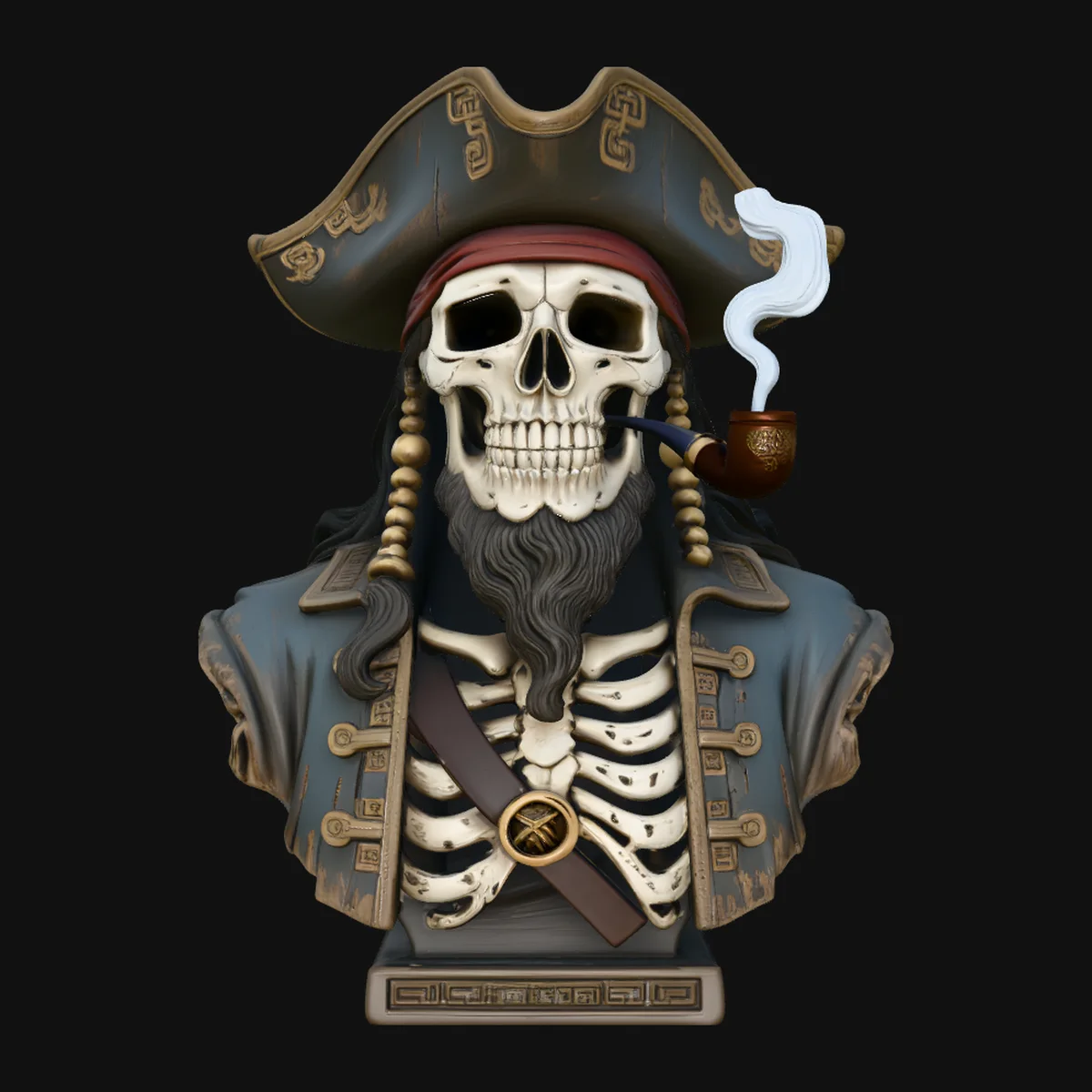 Pipe Smoking Pirate Skull Bust Statue Design 3