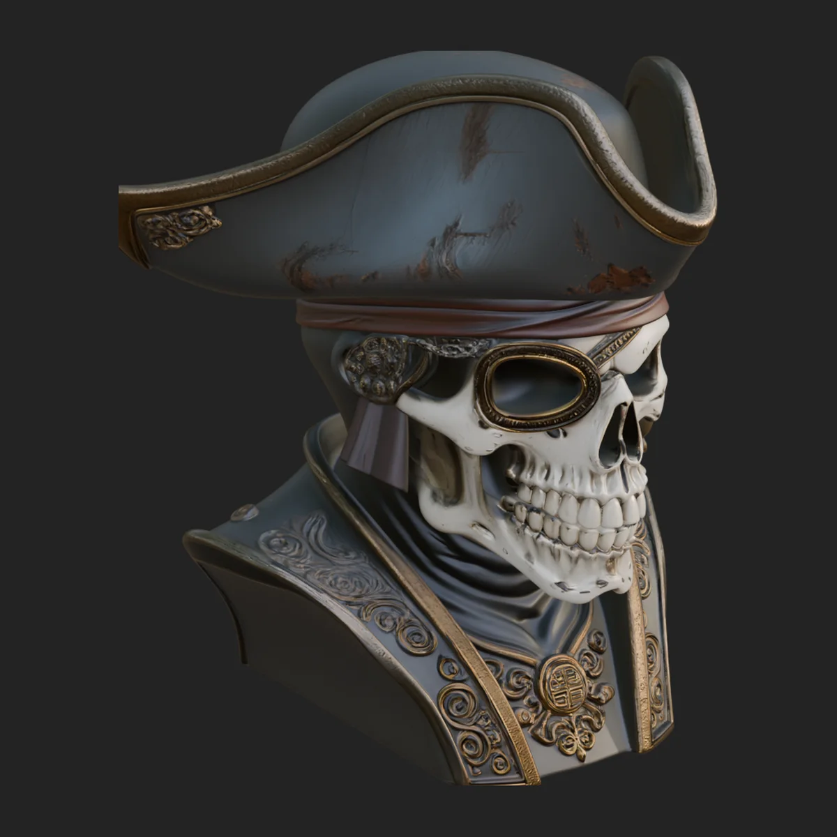 Pirate Skull in Tricorn Bust Statue Design 2