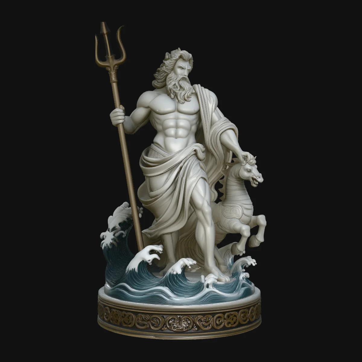 Poseidon on Sea Horse Statue Design 4
