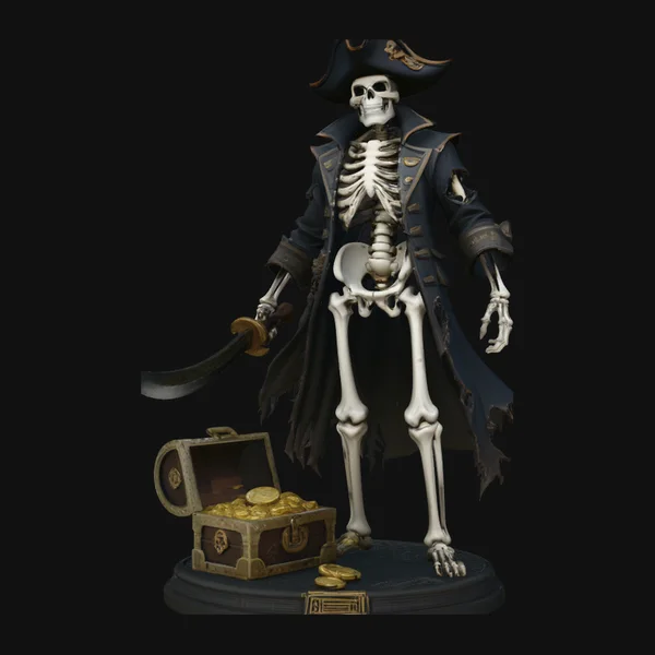 Skeleton Pirate Captain with Treasure Statue Design 10