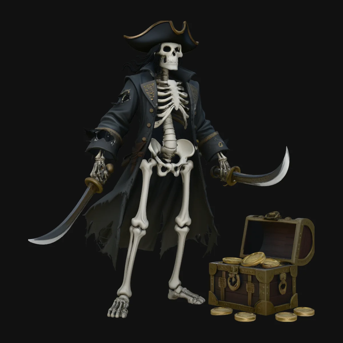 Skeleton Pirate Captain with Treasure Statue Design 12