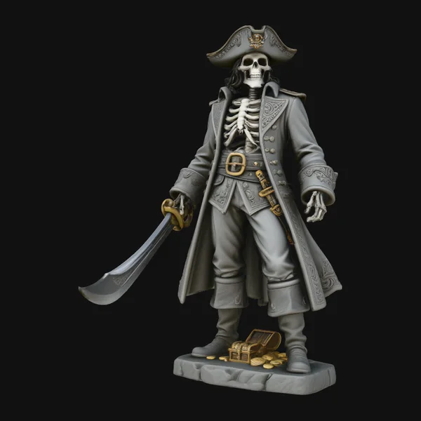 Skeleton Pirate Captain with Treasure Statue Design 2