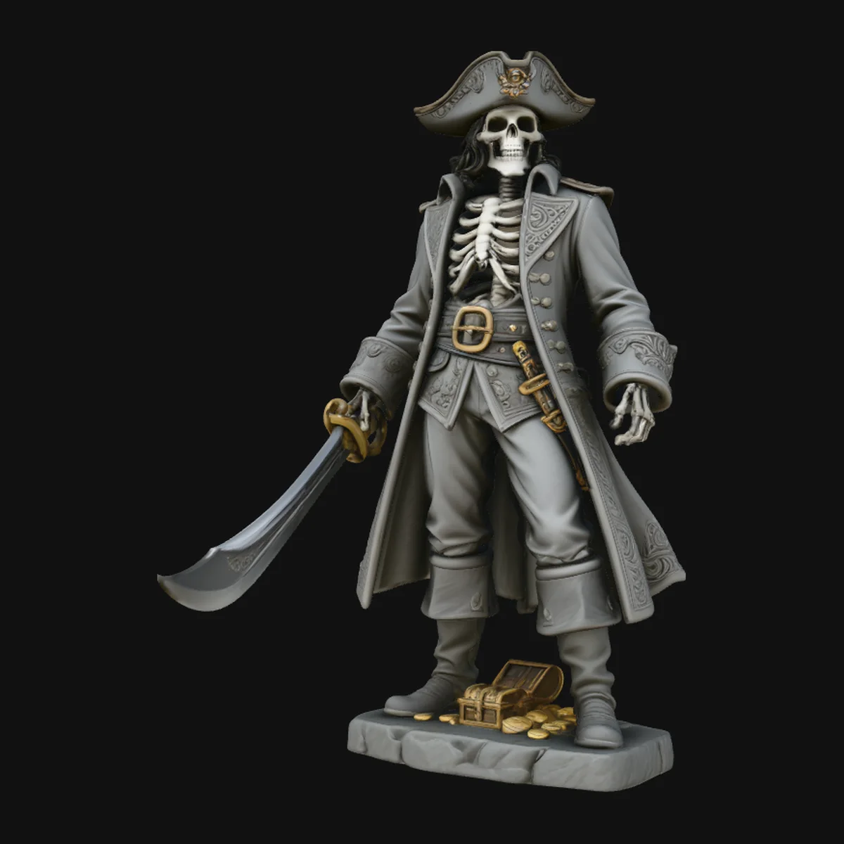 Skeleton Pirate Captain with Treasure Statue Design 2