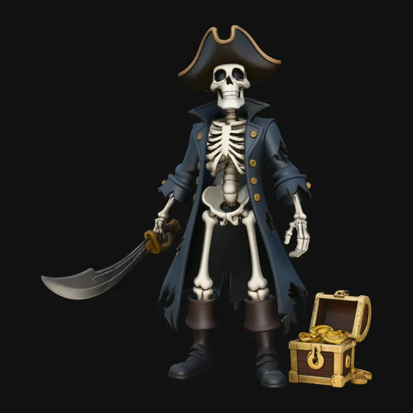 Skeleton Pirate Captain with Treasure Statue Design 7