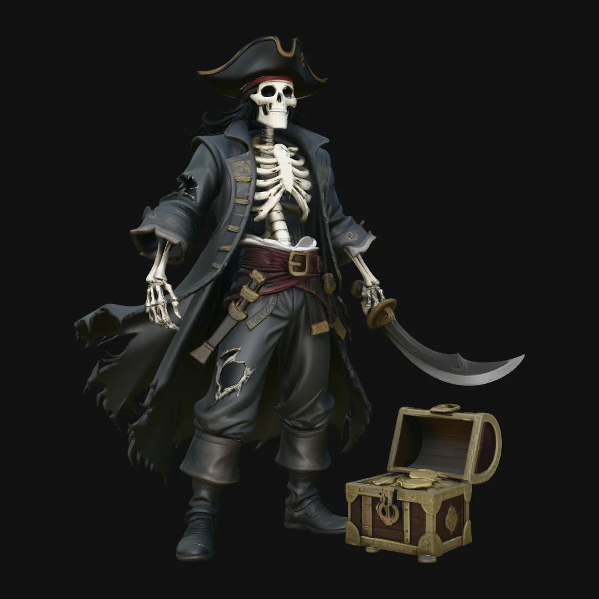 Skeleton Pirate Captain with Treasure Statue Design 9