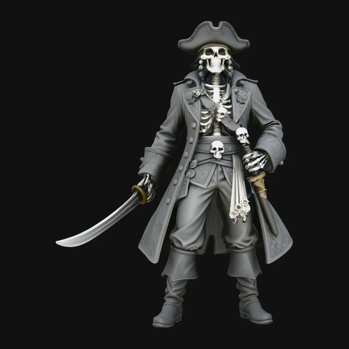 Skull-Adorned Skeleton Pirate Captain Statue Design 1