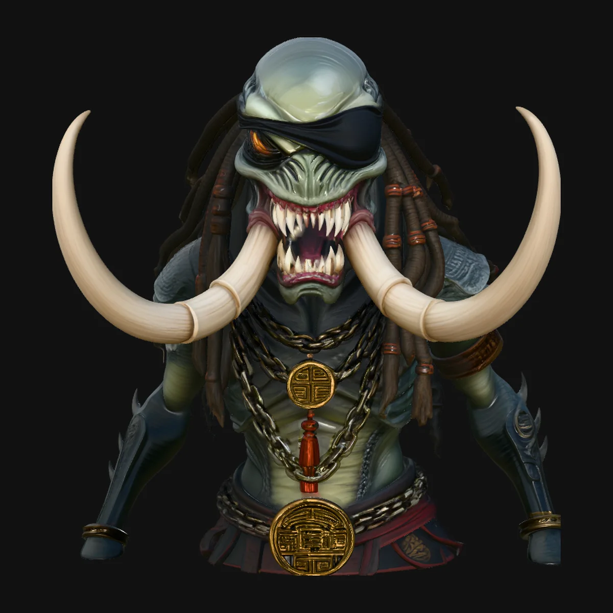 Tusked Alien Hunter Bust Statue Design 3